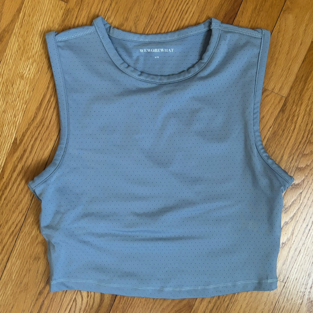 WeWoreWhat cropped dusty blue workout top, size M